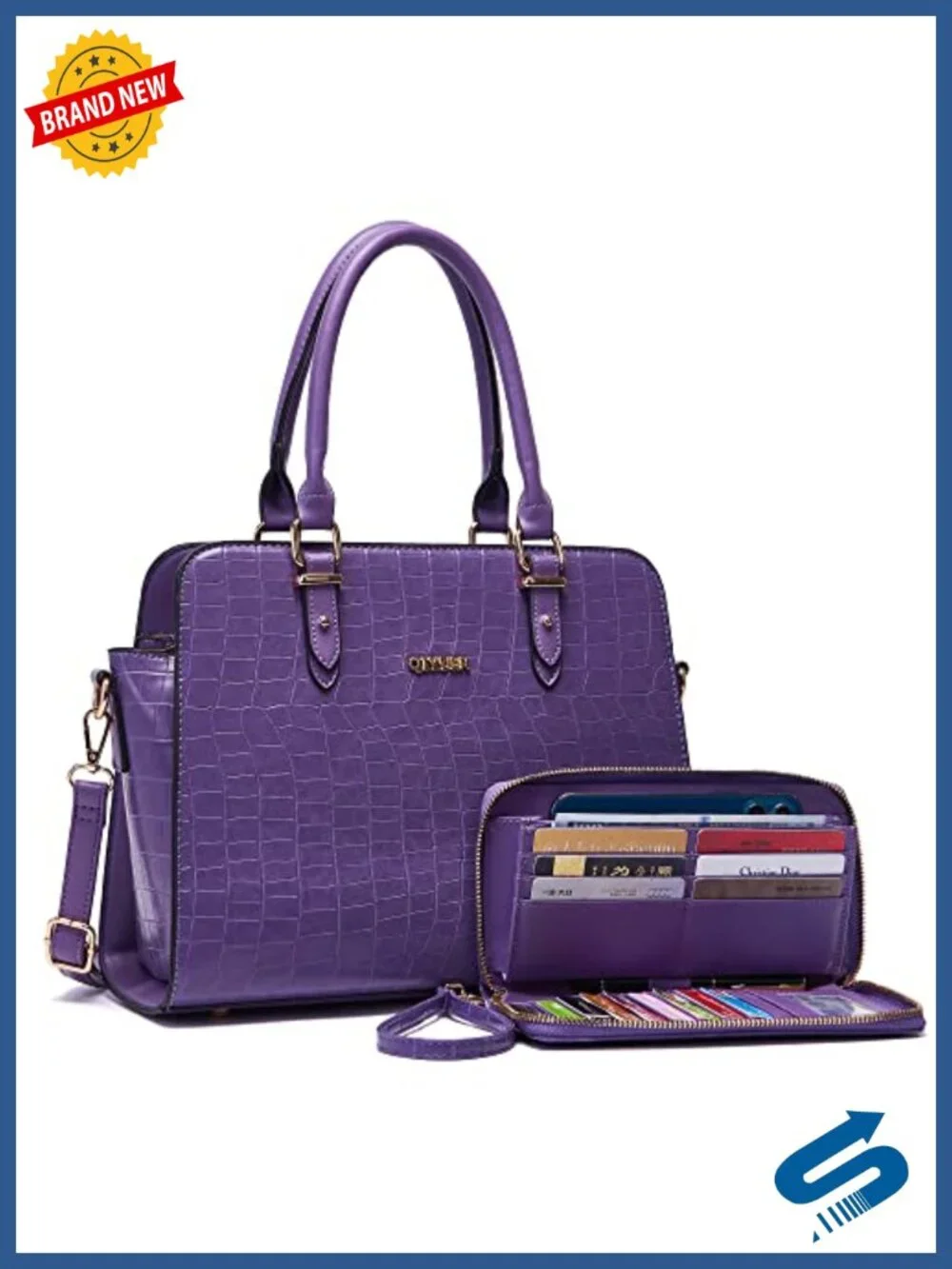 Satchel Purse with Matching Wallet Set Synthetic Leather Work Tote Bag 2-Piece